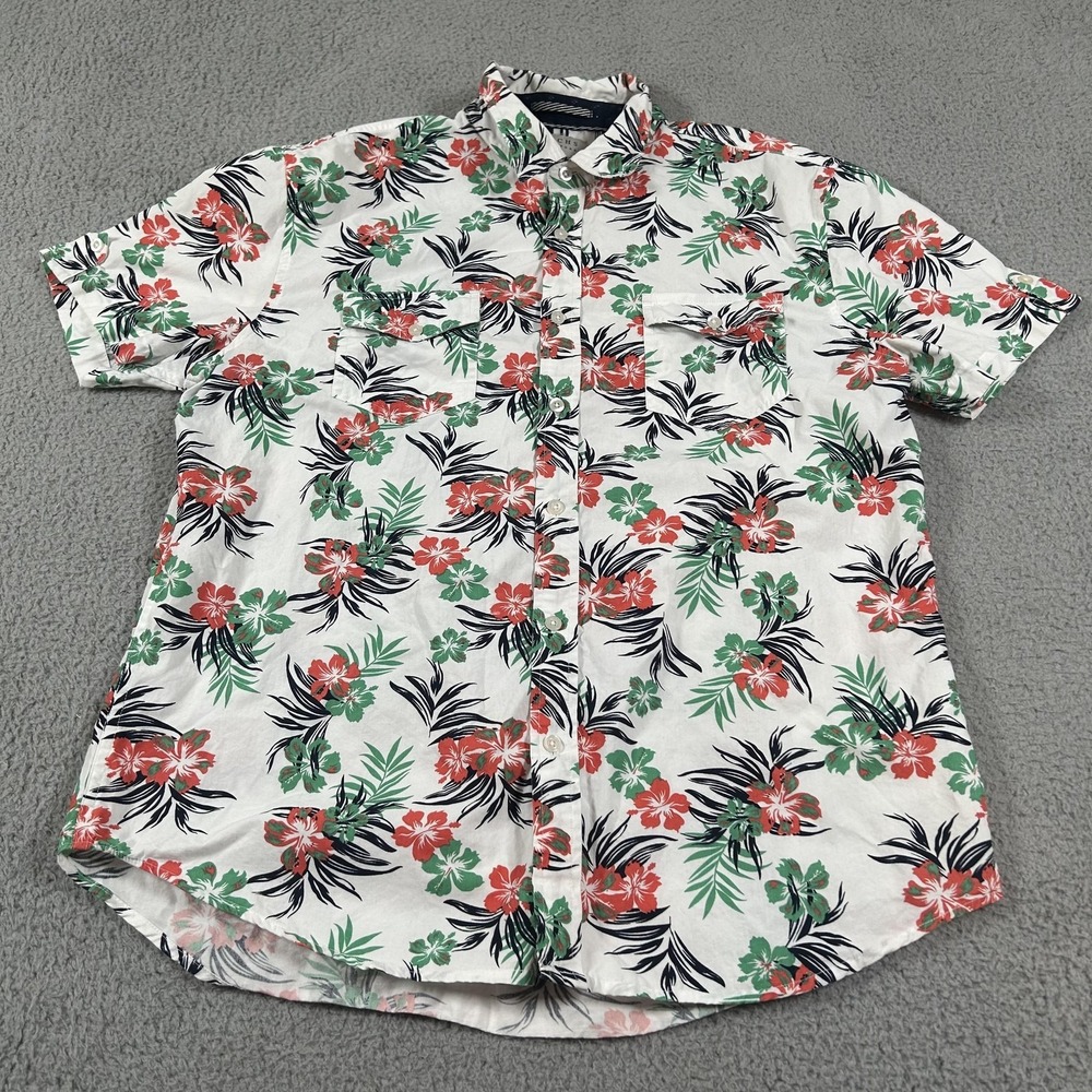 JACHS New York Shirt Mens Large White Floral Hawaiian Short Sleeve Casual‎